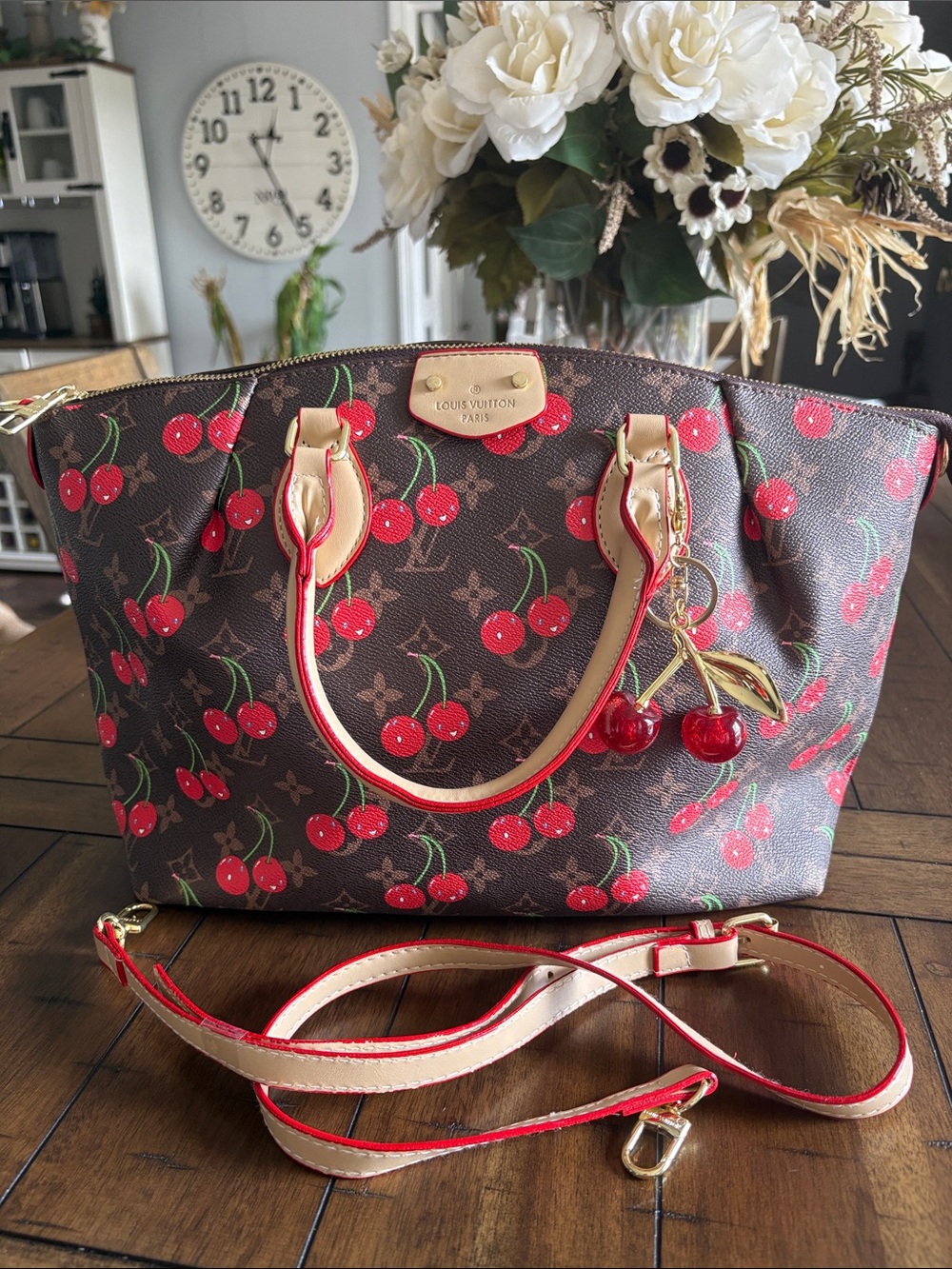 Cherry-Print Brown Monogram Fashion Tote with Red Accents